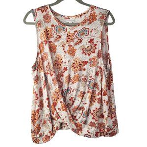 Floral Print Sleeveless Twist-Front Top in Cream and Orange